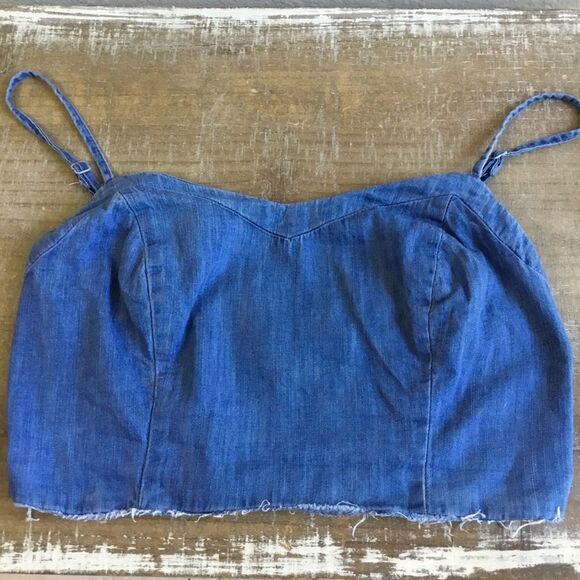 So denim top spaghetti straps cut out in back stretchy raunched elastic western - Picture 5 of 7